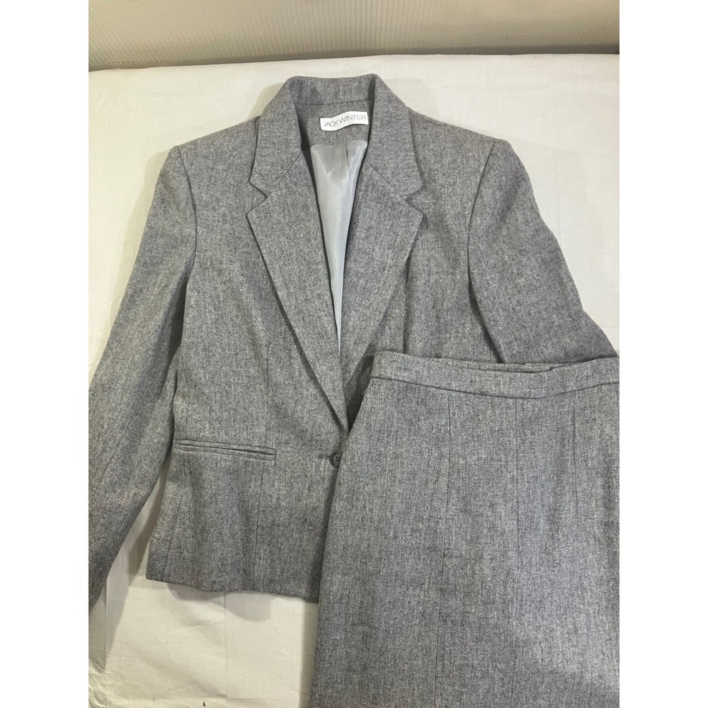 Vintage Jack Winter Wool Blend Skirt Suit Set Gray Blazer Pleated Skirt Size 12